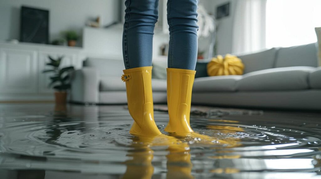 Person wearing yellow rain boots standing in a flooded living room with water ripples.