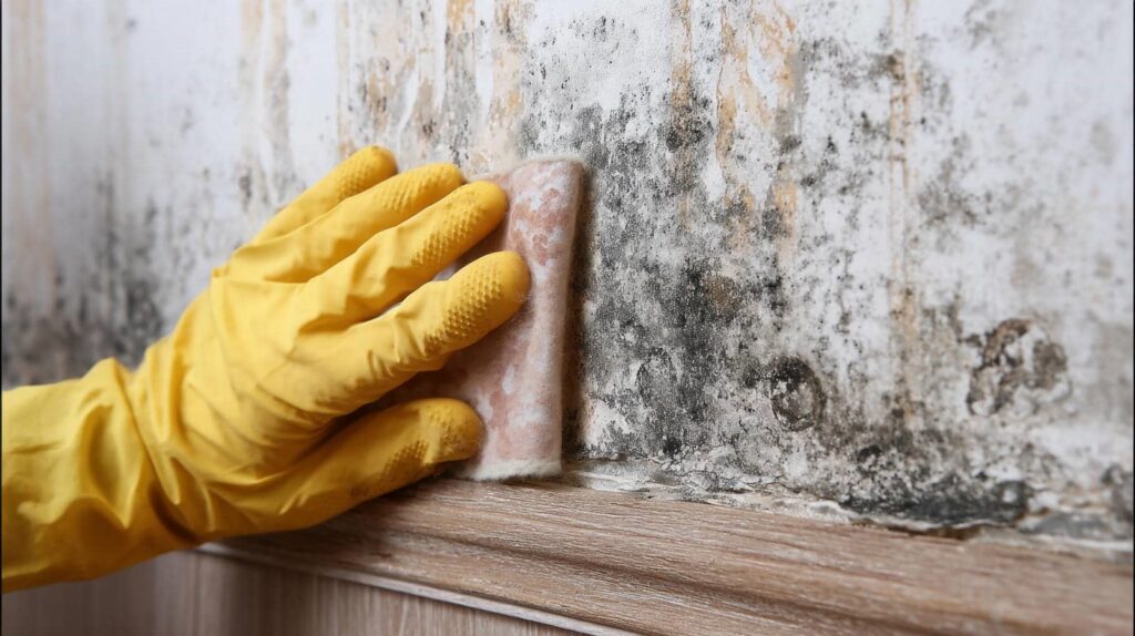 Hand in yellow glove scrubbing moldy wall with sponge near wooden trim.