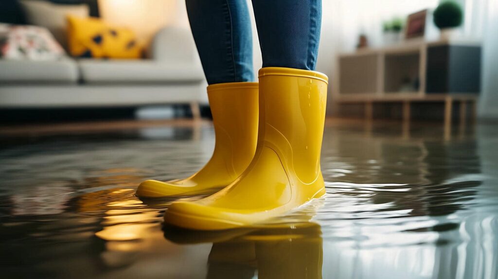 Person wearing yellow rain boots standing in a flooded room with water covering the floor.