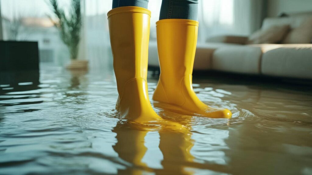Person wearing yellow rain boots standing in a flooded living room with water covering the floor.