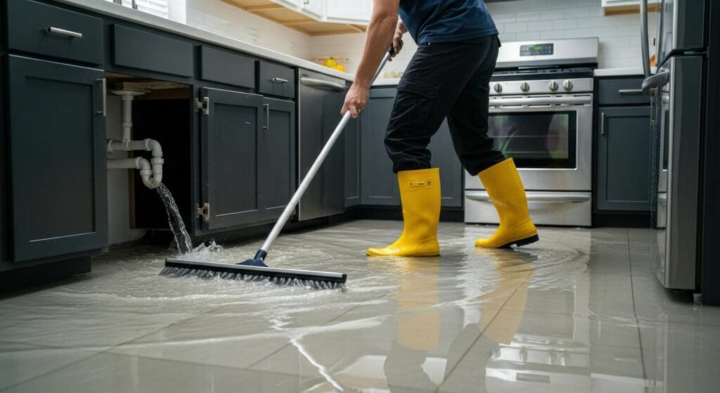 Person in yellow boots using a squeegee to remove water from a flooded kitchen floor.