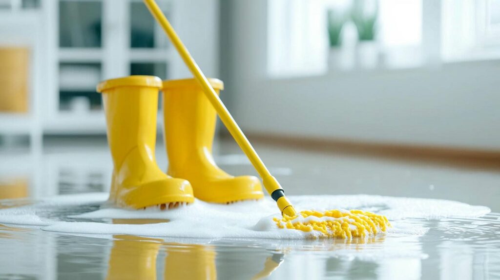 Yellow rubber boots and a mop with foam on a wet floor indoors.