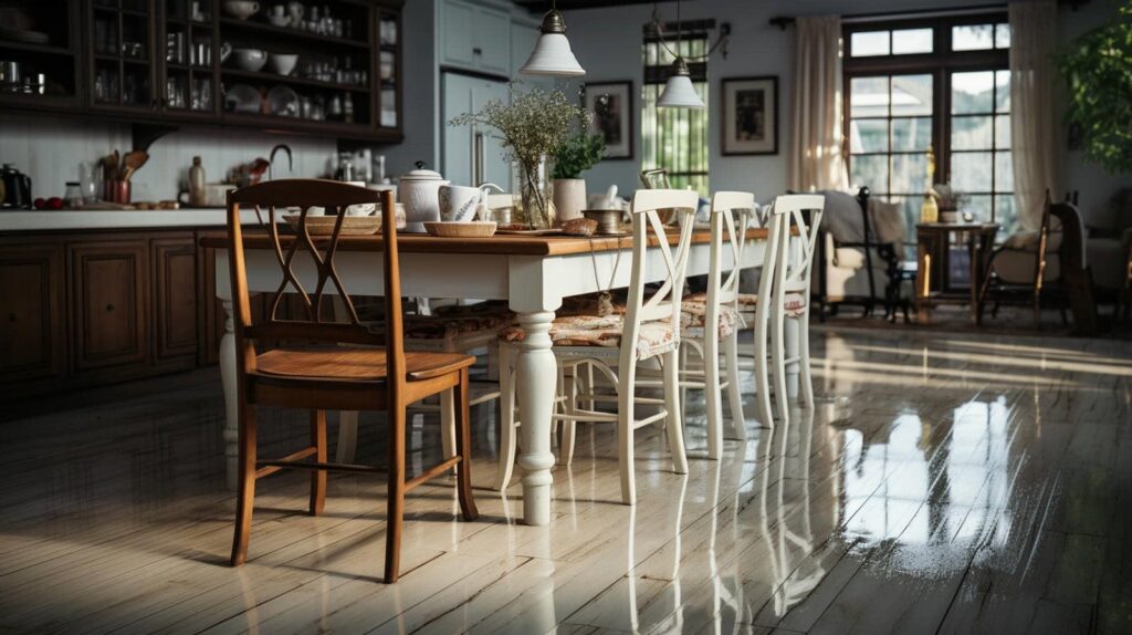 Dining table with wooden chairs standing in a room filled with water
