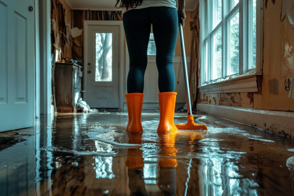 Person wearing orange boots standing in a flooded room holding a mop.
