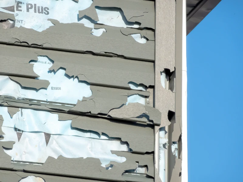 Peeling paint and damaged siding on the corner of a building against a clear blue sky.