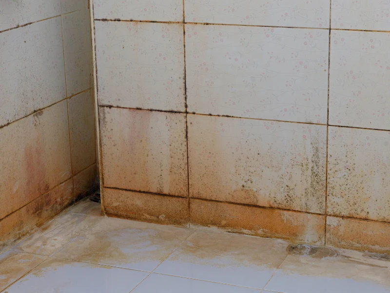 Corner of a tiled room with mold and dirt stains on the lower walls and floor.